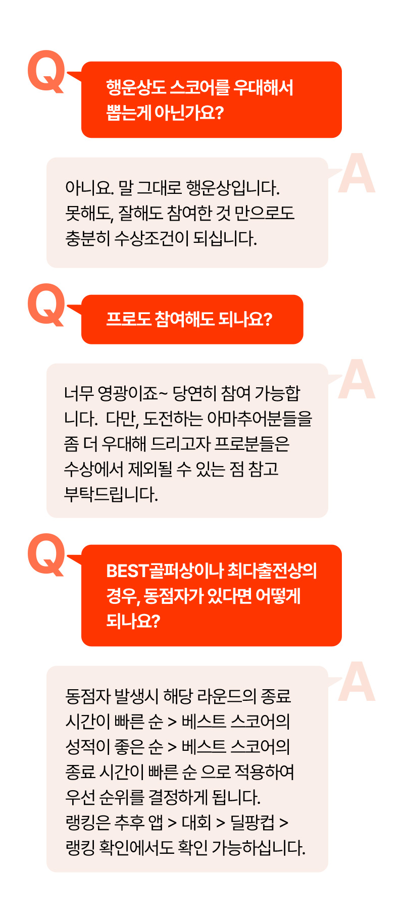 Q : 행운상도 스코어를 우대해서 뽑는게 아닌가요? A : 아니요. 말 그대로 행운상입니다. 못해도,잘해도 참여한 것 만으로도 충분히 수상조건이 되십니다.   Q : 프로도 참여해도 되나요? A : 너무 영광이죠~ 당연히 참여 가능합니다. 다만, 도전하는 아마추어분들을 좀 더 우대해 드리고자 프로분들은 수상에서 제외될 수 있는 점 참고 부탁드립니다.   Q : BEST골퍼상이나 최다출전상의 경우, 동점자가 있다면 어떻게 되나요? A : 동점자 발생 시 해당 라운드의 종료 시간이 빠른 순 ＞ 베스트 스코어의 성적이 좋은 순 ＞ 베스트 스코어의 종료 시간이 빠른 순 으로 적용하여 우선 순위를 결정하게 됩니다. 랭킹은 추후 앱 ＞ 대회 ＞ 딜팡컵 ＞ 랭킹 확인에서도 확인 가능하십니다.