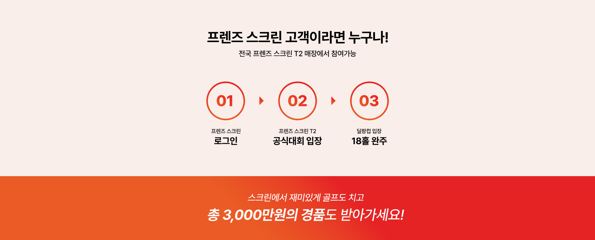 프렌즈 스크린 고객이라면 누구나! 전국 프렌즈 스크린 T2 매장에서 참여가능   01.프렌즈 스크린 로그인 
  02. 프렌즈 스크린 T2 공식대회 입장   03.딜팡컵 입장 18홀 완주   스크린에서 재미있게 골프도 치고 총 3,000만원의 경품도 받아가세요!