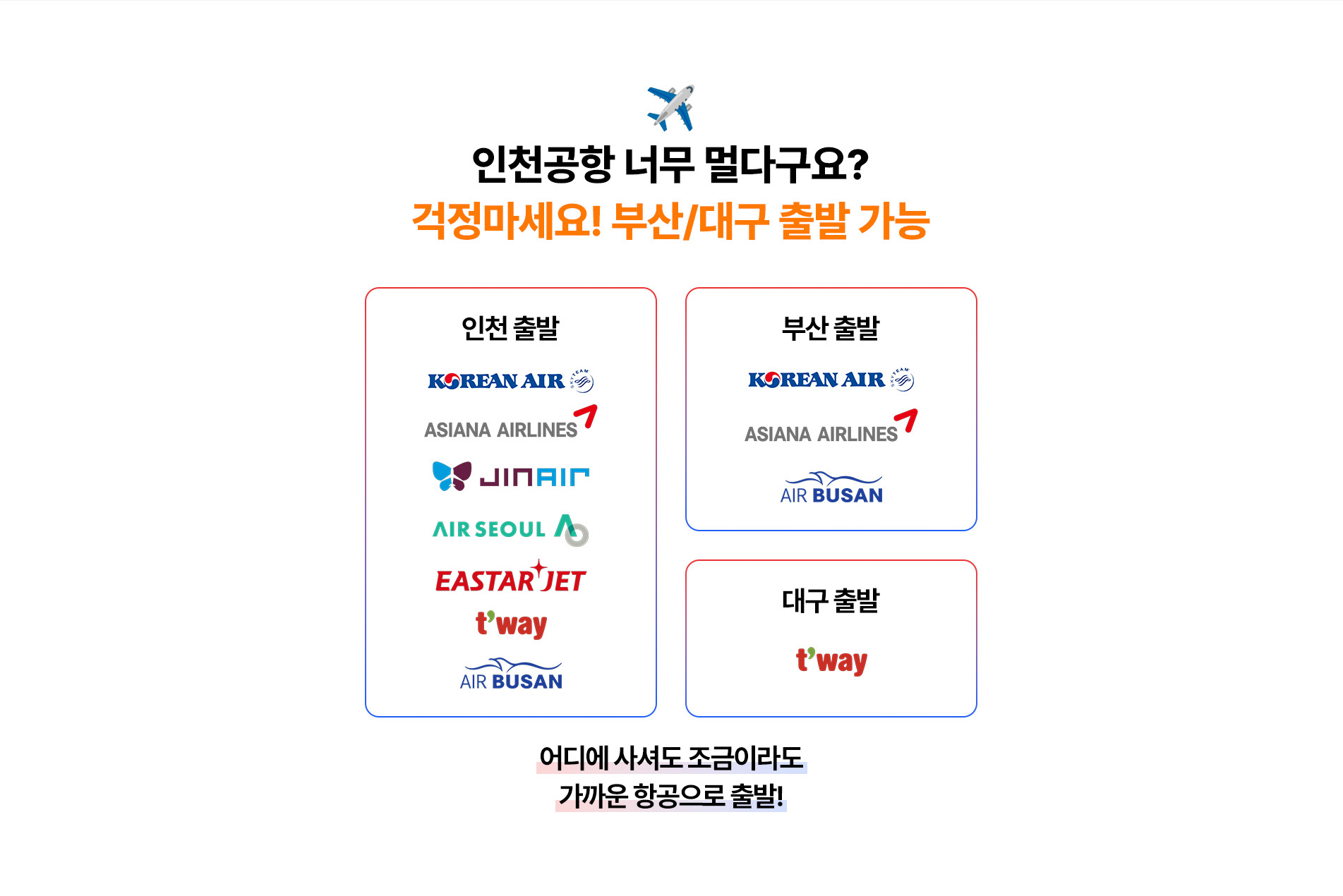 인천공항 너무 멀다구요? 걱정마세요! 부산/대구 출발 가능 | 인천 출발 : KOREAN AIR, ASIANA AIRLINES, JIN AIR, AIR SEOUL, EASTAR JET, t'way, AIR BUSAN | 부산 출발 : KOREAN AIR, ASIANA AIRLINES, AIR BUSAN | 대구 출발 : t'way | 어디에 사셔도 조금이라도 가까운 항공으로 출발!