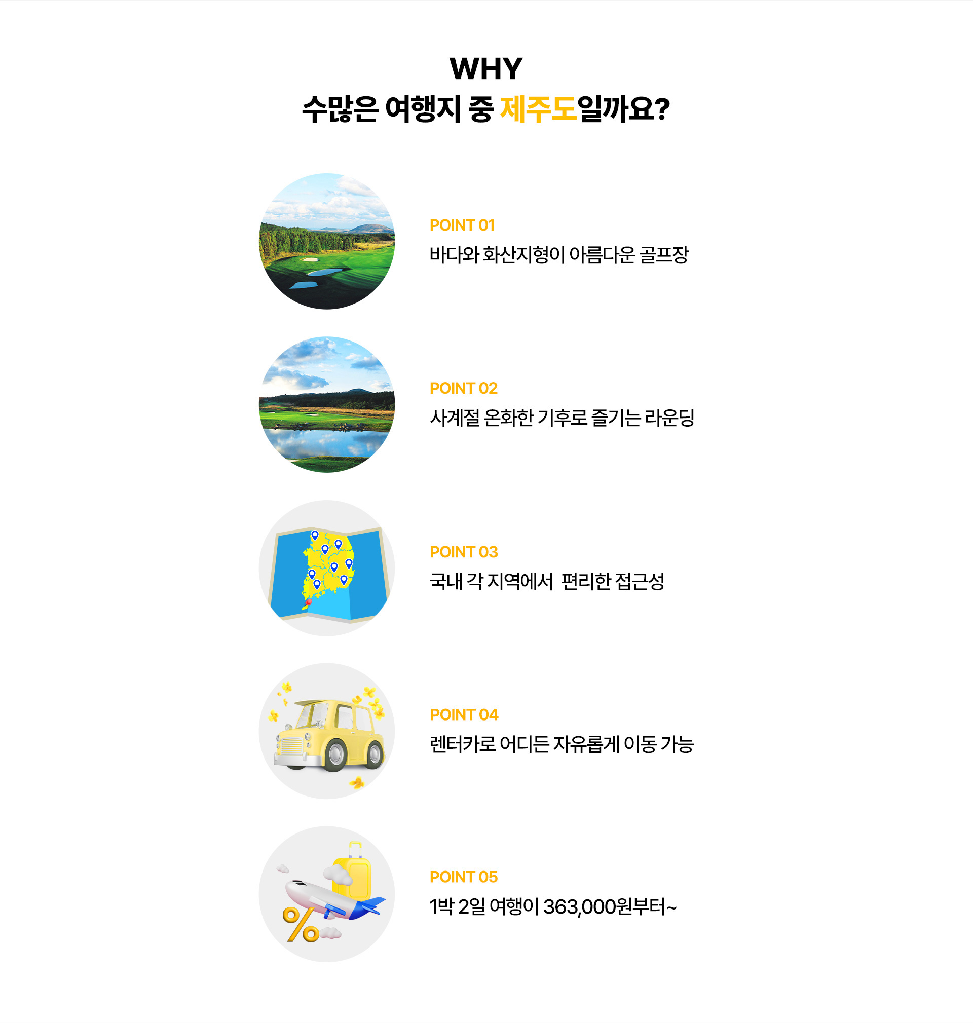 WHY 수많은 여행지 중 제주도 일까요?   POINT 01 : 바다와 화산지형이 아름다운 골프장   POINT 02 : 사계절 온화한 기후로 즐기는 라운딩   POINT 03 : 국내 각 지역에서 편리한 접근성   POINT 04 : 렌터카로 어디든 자유롭게 여행   POINT 05 : 1박 2일 여행이 363,000원부터~